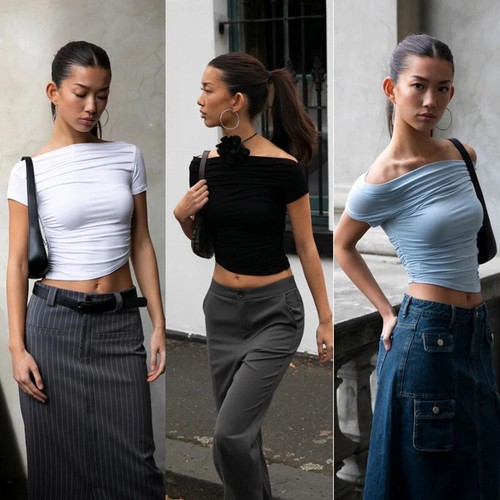 T-shirt estiva nuova donna sexy manica corta moda magliette scollo a taglio pieghe crop