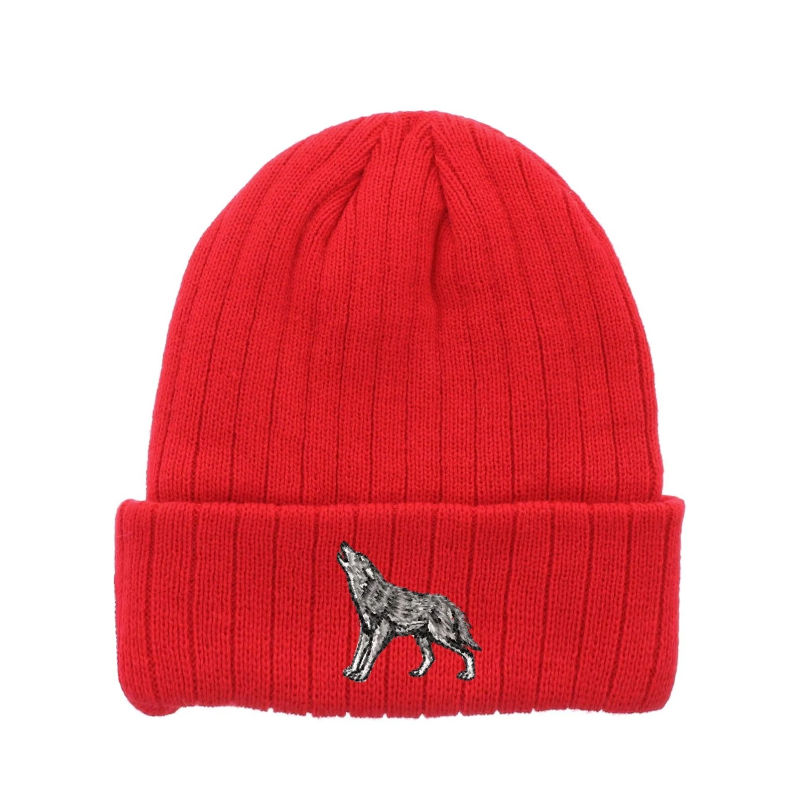 Howling wolf embroidered fleece beanie hat, insulated winter beanie hat