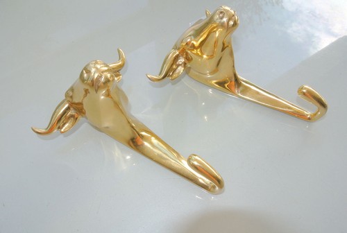 2 nice BULL COAT HOOK solid POLISHED brass vintage old style 6" hook heavy - Picture 3 of 11