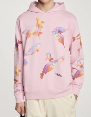 Sandro Pink Fish Hooded Printed Sweatshirt Sz XS NWT
