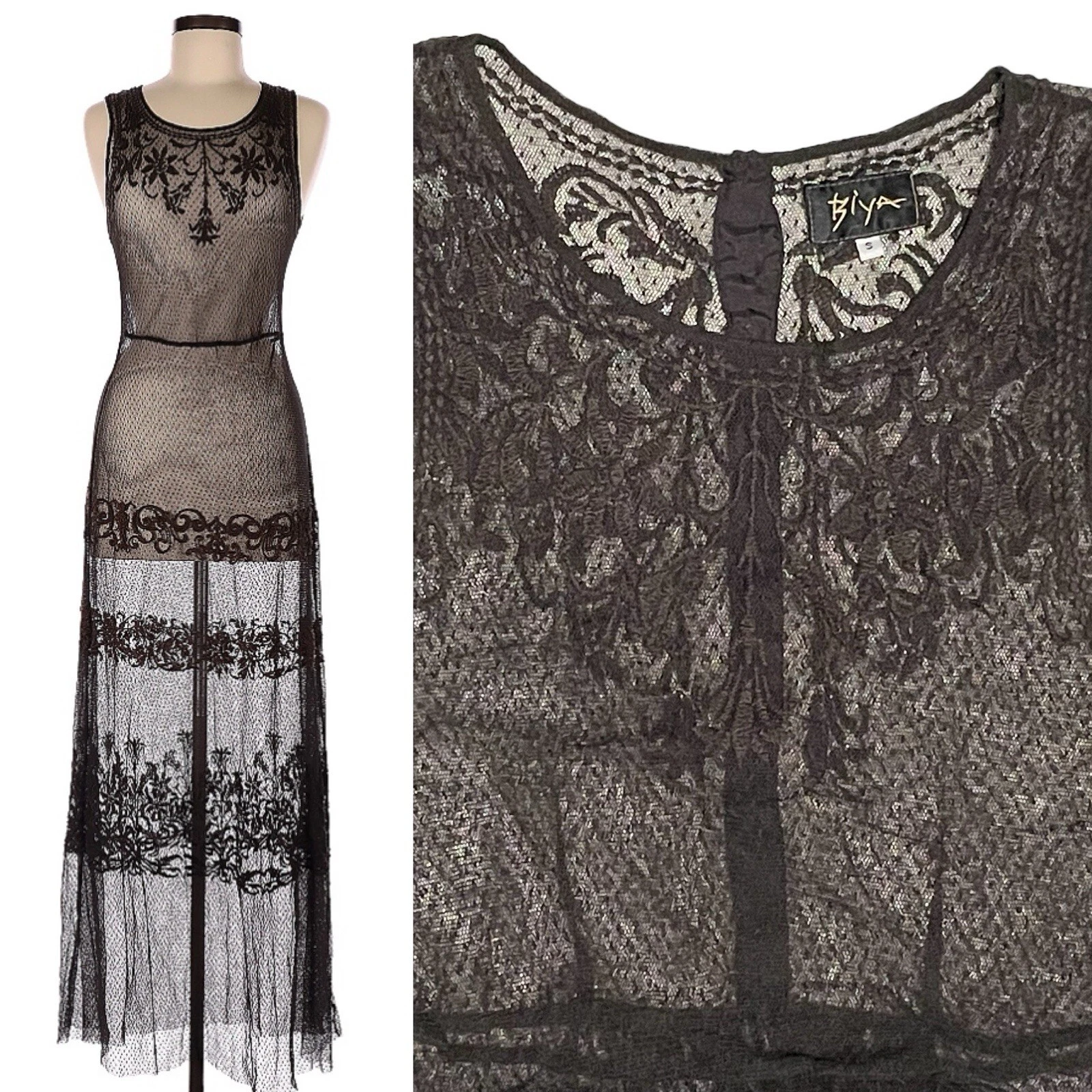 VALENTINO Abito Johnny Was Biya ricamato trasparente overlay S marrone stravagante fata scura