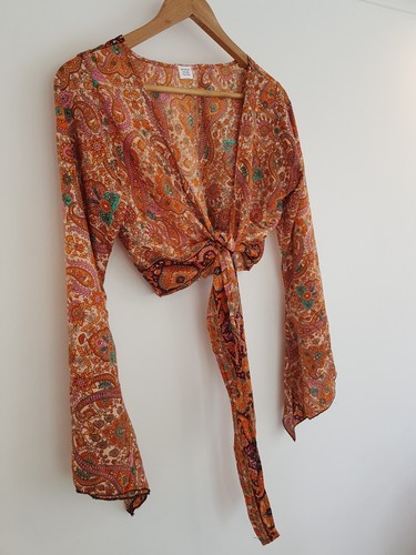 Pink Silk Top Shrug Bolero Cropped Hippie Festival Indian Tie Front VintageRetro - Picture 4 of 13