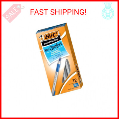 BIC Round Stic Grip Xtra Comfort Blue Ballpoint Pens, Medium Point (1.2mm), 12-C