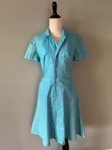 Vintage 50s Blue Green Watercolor Day Dress with Crystal Buttons Small w Pockets - Picture 2 of 7