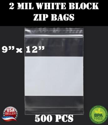 500 9''x 12'' Zip Seal Reclosable 2Mil Plastic Top Lock Bags White Block Jewelry