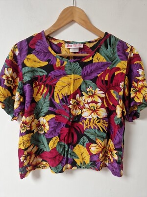 Vintage Block Island Petites Marina Pappas Floral Semi Crop T-Shirt Bluse S
