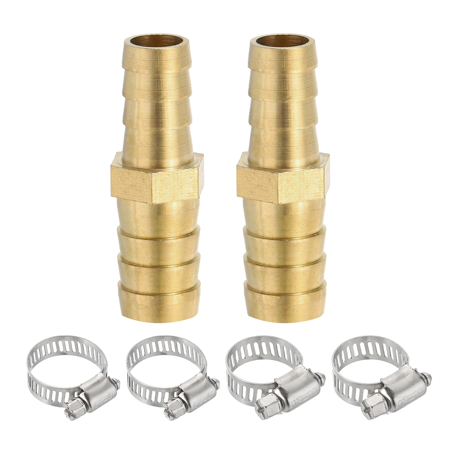 2Pcs 3/8" to 1/2" Brass Hose Barb Reducer with 4 Clamps for Air Water