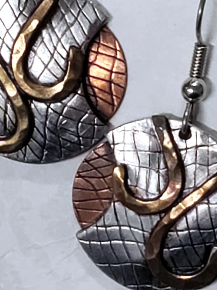 earrings metal silver & bronze/brown artisan made dangle 7/8" dia, new unworn - Image 2 of 2
