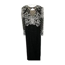 Beaded Silk Laurence Kazar Evening Gown Medium Vintage Dress! Black White Formal