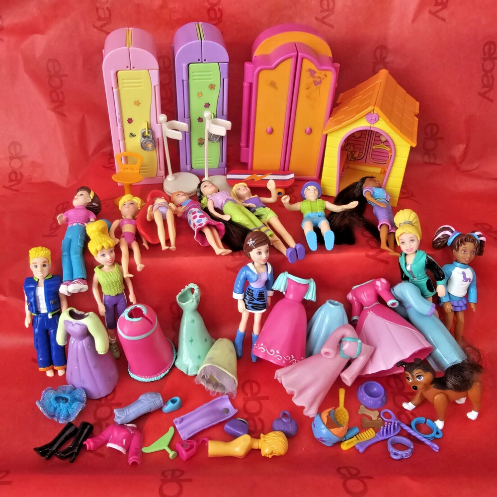 Polly Pocket Mixed Lot of Dolls, Dog, Clothing, Magnetic Dress Pants Tops Dolls