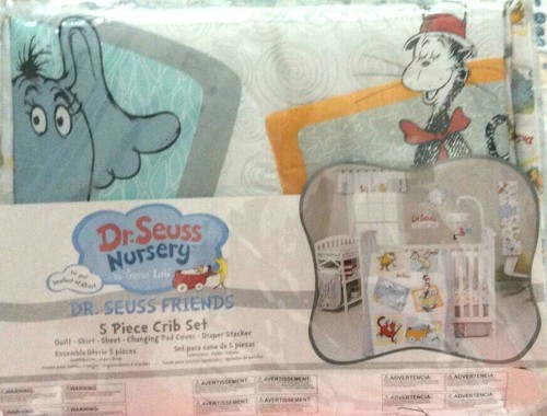 NEW DR. SEUSS & FRIENDS 5 PIECE CRIB NURSERY SET QUILT SHEET DIAPER STACKER BABY