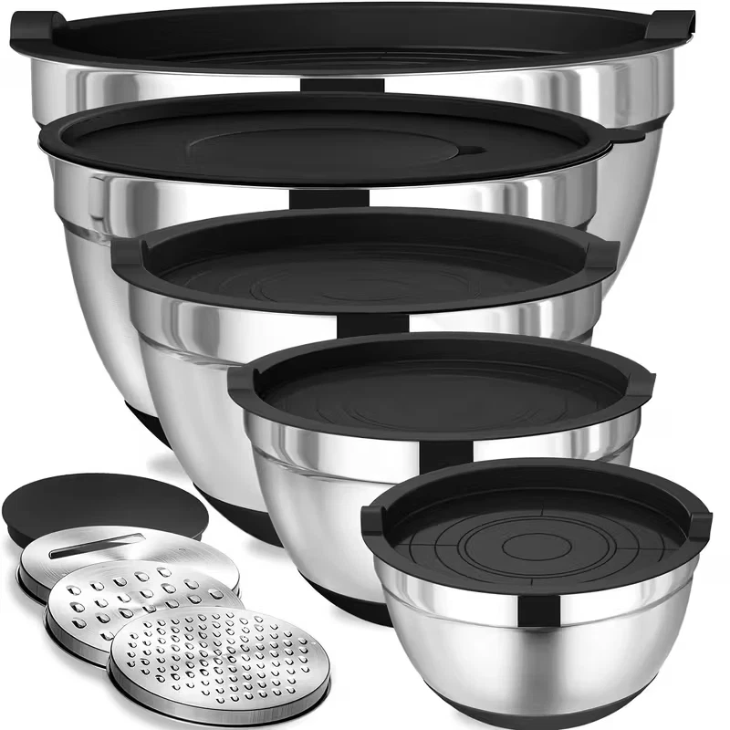 Stainless Steel Mixing Bowl 13 Set - Includes Lids & Non-Slip Silicon Base