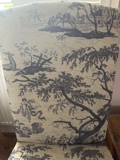 Set of 6 Upholstered Dining Chairs Beige/Blue Toile Cotton, Waxed Wood Legs
