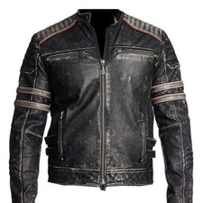 Retro 1, Giacca Uomo Vintage Moto Cafe Racer Biker Nera Vera Pelle
