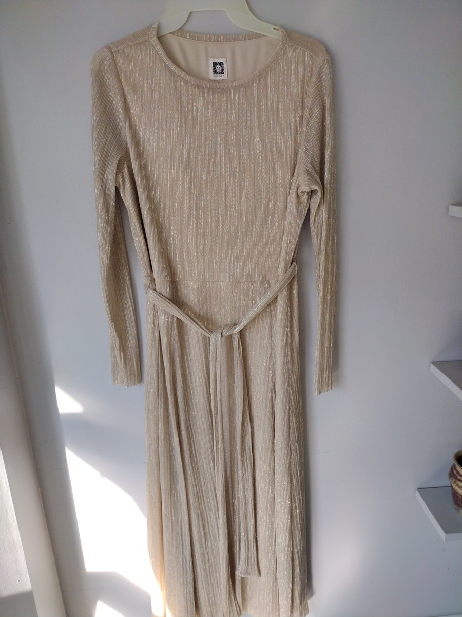 Anne Klein Women's Gold Crinkle Metallic Waist Tie Dress Size 12 Long  Sleeve | eBay