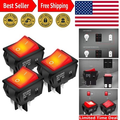 30A 250V Rocker Switch DPST 4 Pin Red Lighted 120V Rocker Toggle Switch ON Of...