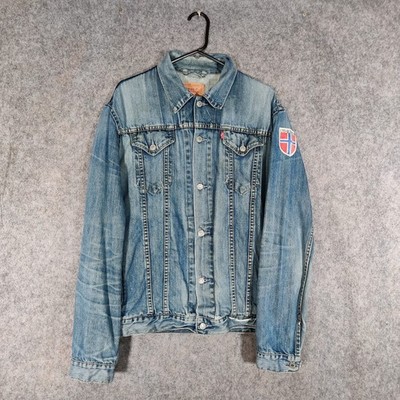 Levis Jeansjacke Herren Größe Large hellblau Reißverschlusstaschen Norwegen Patch 72550