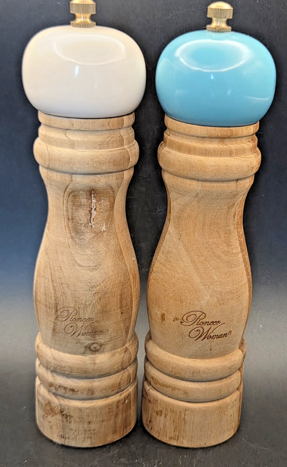 Pioneer Woman Wood Salt & Pepper Grinder Mill Set 8.5" Wood White Turquoise