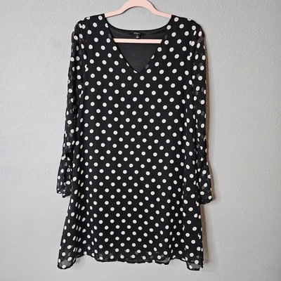 Cupio Dress Womens Medium Black White Polka Dot Long Sleeve Sheer A-Line Chic