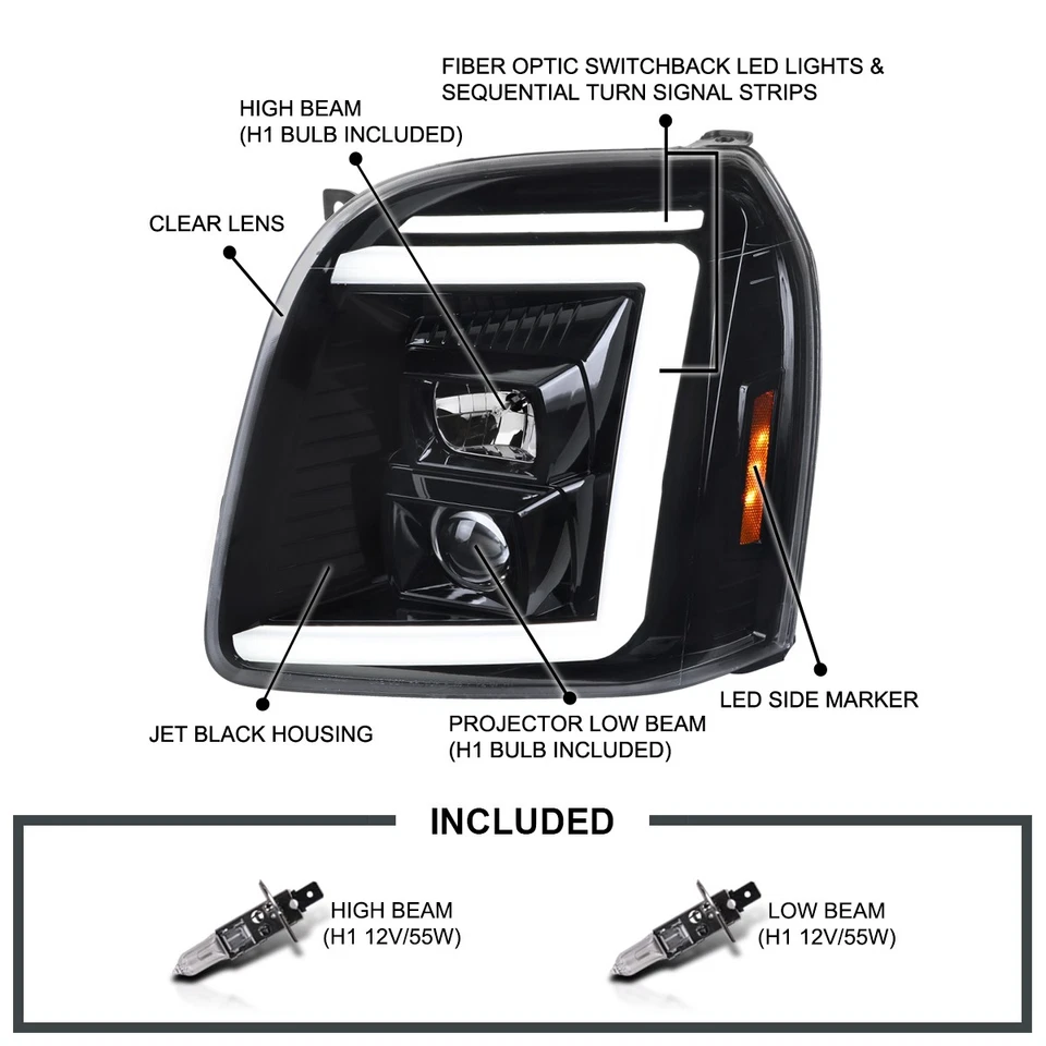 Jet Black Fits 2007-2014 GMC Yukon XL Denali Switchback Projector Headlights Foto 3 de 4