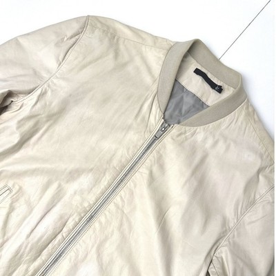 BLK DNM Mens Leather Bomber Jacket Cream Beige Full Zip Quilted Lining Size L