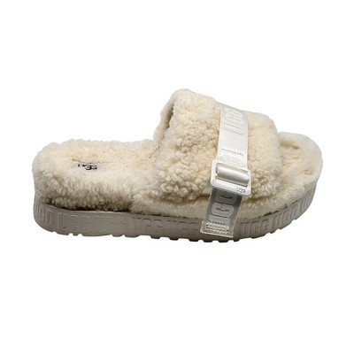 UGG Fluffita Platform Slide Sandals Women 9 Ivory Sheepskin Logo Buckle
