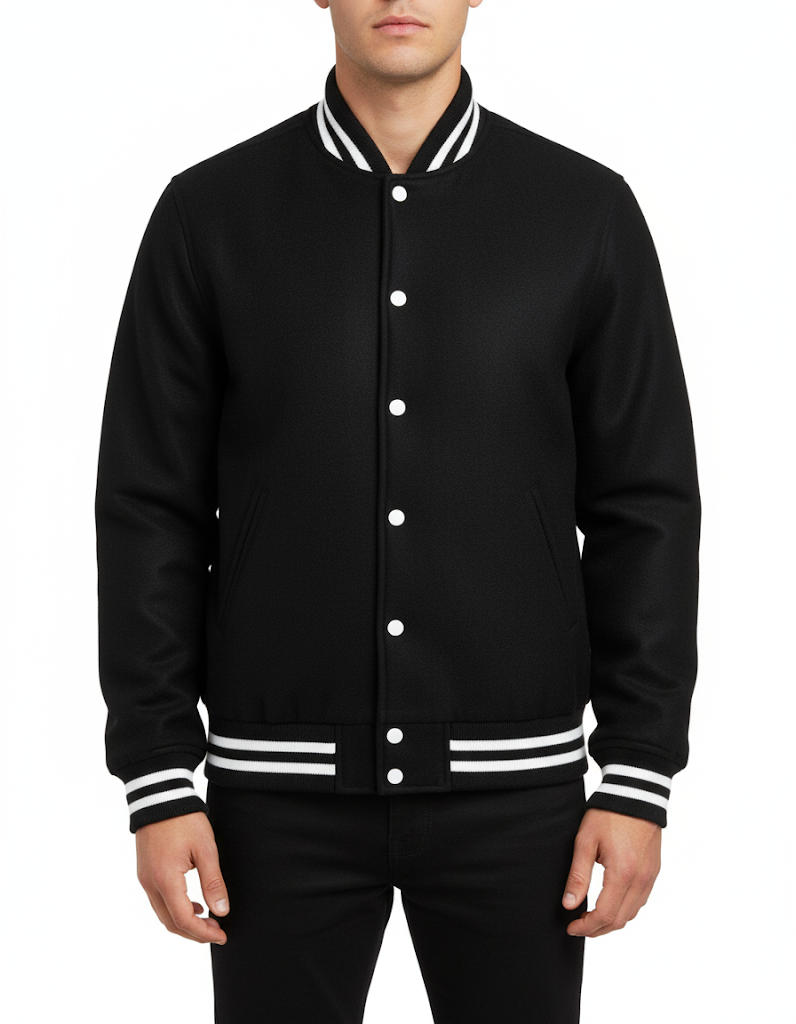 All wool Varsity Letterman Jacket Black White trims Retro Bomber College Jacket