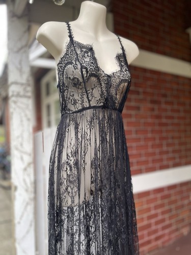 Sheer Black Lace Maxi dress Sexy Spaghetti Straps Full Length Size 8 10 Coquette