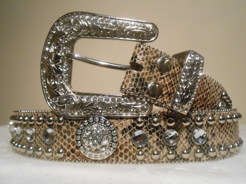Women's Rhineston Crystal Floral Conch Western Bling Leather Belt Sz X LG. Black - Picture 4 of 9