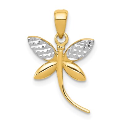 14k Two-tone Gold Diamond-cut and Polished Dragonfly Pendant 0.74g Mother Gift