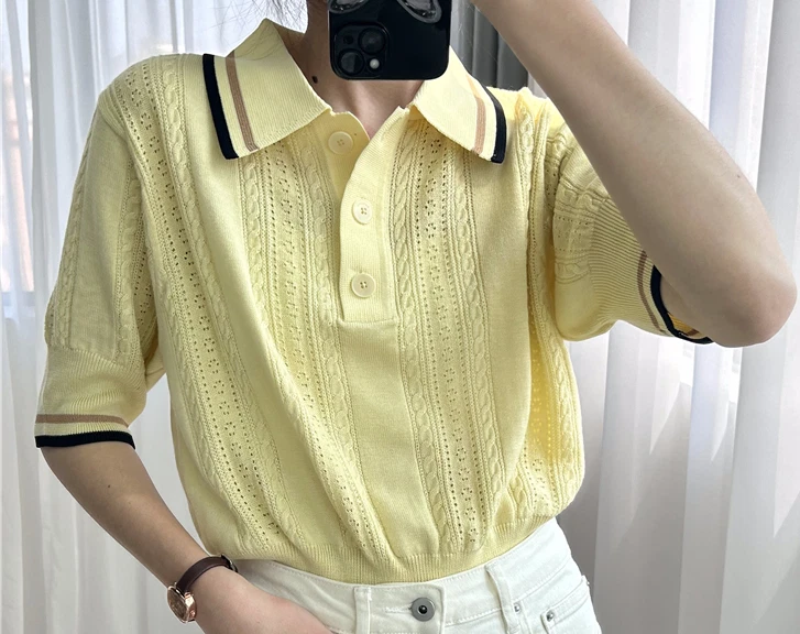 Sandro Polo Collare T-shirt Top Contrasting Knit Top for Women - Image 4 of 4