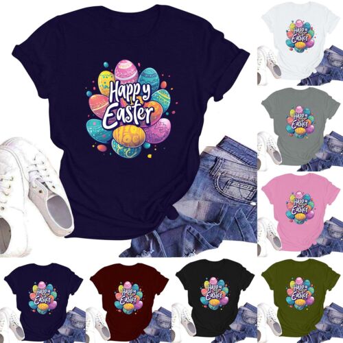 Happy Easter Women's Fashion Printed Round Neck Short Sleeve T-Shirt Pullover