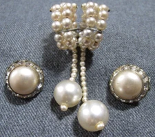 Vintage faux pearls scarf ring w/ dangles + Japan rhinestones flower earrings