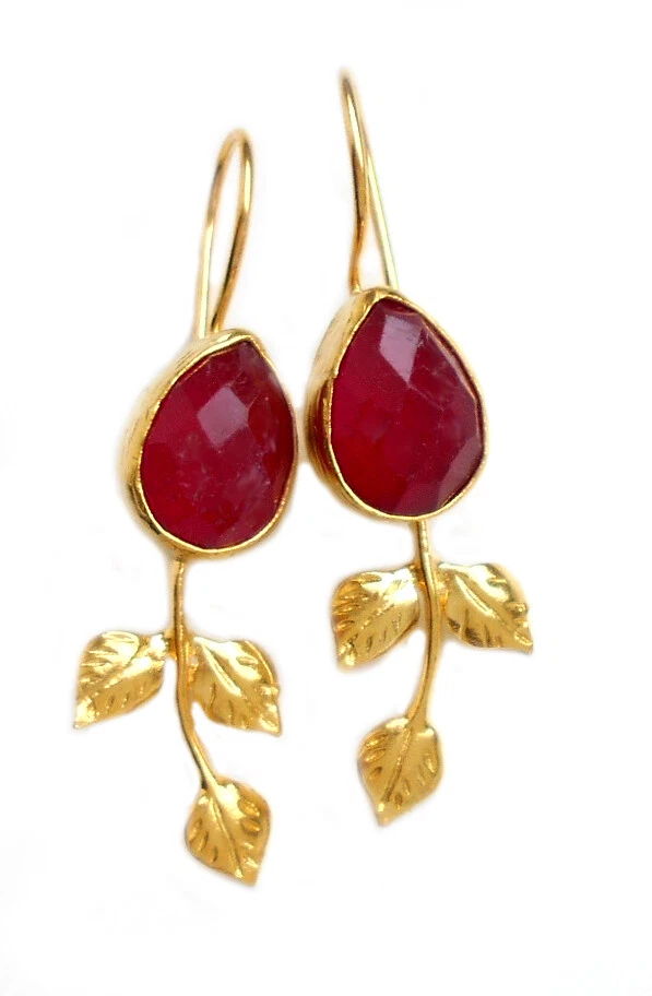 Quartz rot Ohrhänger verspielt Messing Vergoldet ca. 9,5 cm l.  IFE228 + Box