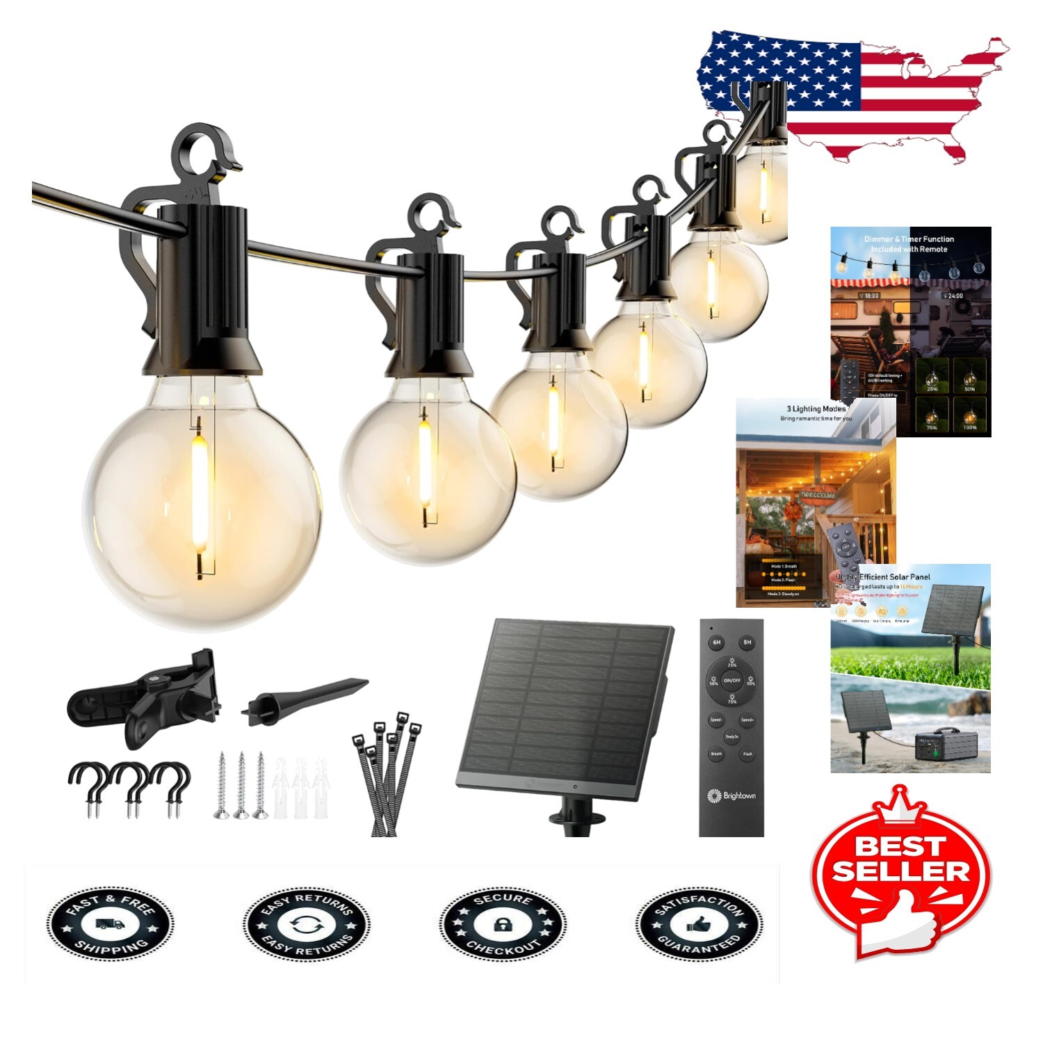 58FT Solar String Lights with Remote - 26 LED Shatterproof Bulbs for Outdoor ...