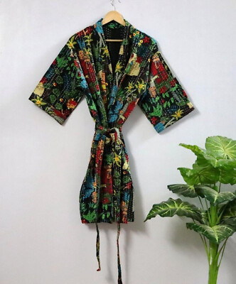 Indian Kantha Quilt Cotton Kimono Frida Kahlo Women's Nightwear Robe Gown Dress