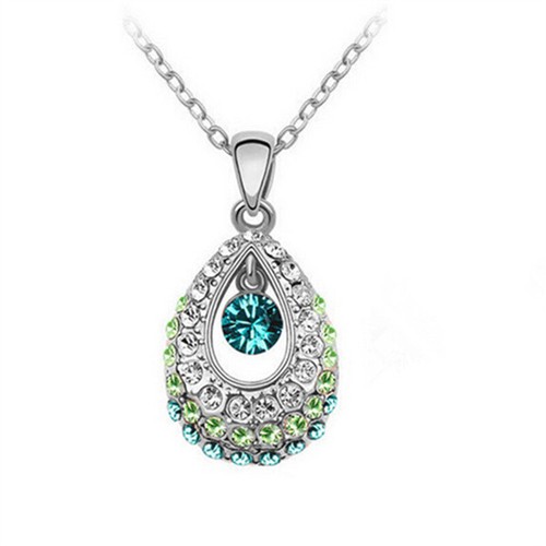 Women's green Crystal Silver Plated droplets Pendant Necklace Christmas