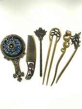 VINTAGE 6PC HANDHELD MIRROR/COMB SET w/4 HAIRPINS STICKS