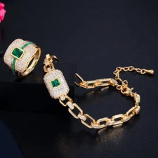 Square Green CZ Cuban Link Chain Bracelet Ring Yellow Gold Plated Jewelry Set