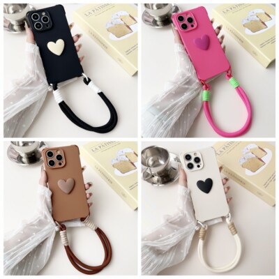 Heart Wrist strap with rope  Case For  iPhone 15 14 13 11 12 Pro Max Frosted