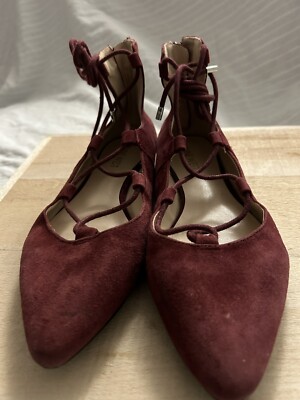Nine West Women's Signmeup Shearlucko Lace-Up Ballet Flats Burgundy Suede  Sz