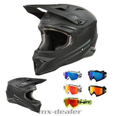 O`NEAL O'Neal 1 SRS V.25 ECE06 Solid Schwarz MX Helm Crosshelm + HP7 Brille Motocross