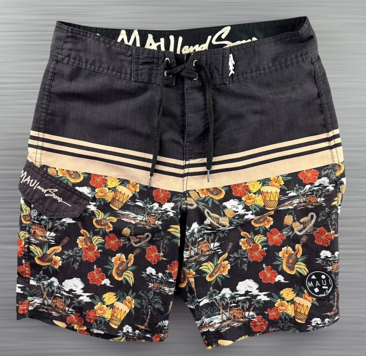 Short De Bain Maui & Sons Board Shorts – Taille 32 – Orange Motif Géométrique – Occasion