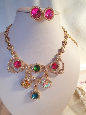 Gemischte Farben Diamant Kristall Halskette & Ohrringe Set Hochzeit Abschlussball Set 