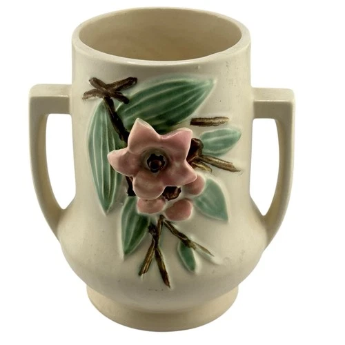 VTG  McCoy Pottery Vase Blossom Time Dogwood Pink Flowers Green Leaves 6.25”