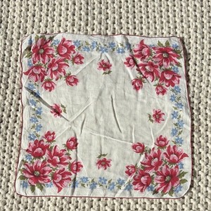 VINTAGE White Floral Print Handkerchief Red Blue Green Flower Accents