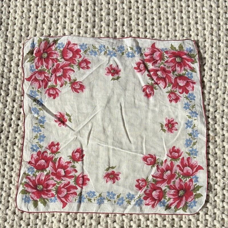 VINTAGE White Floral Print Handkerchief Red Blue Green Flower Accents