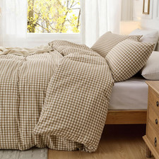 3 Pcs Queen Gingham Duvet Cover Set 90" X 90", Taupe Plaid  Cotton Plaid Duvet