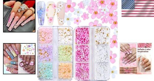 Chic 3D Flower Nail Art Decorations - 2 Boxes of Acrylic Gems for DIY Creations - Picture 2 of 9