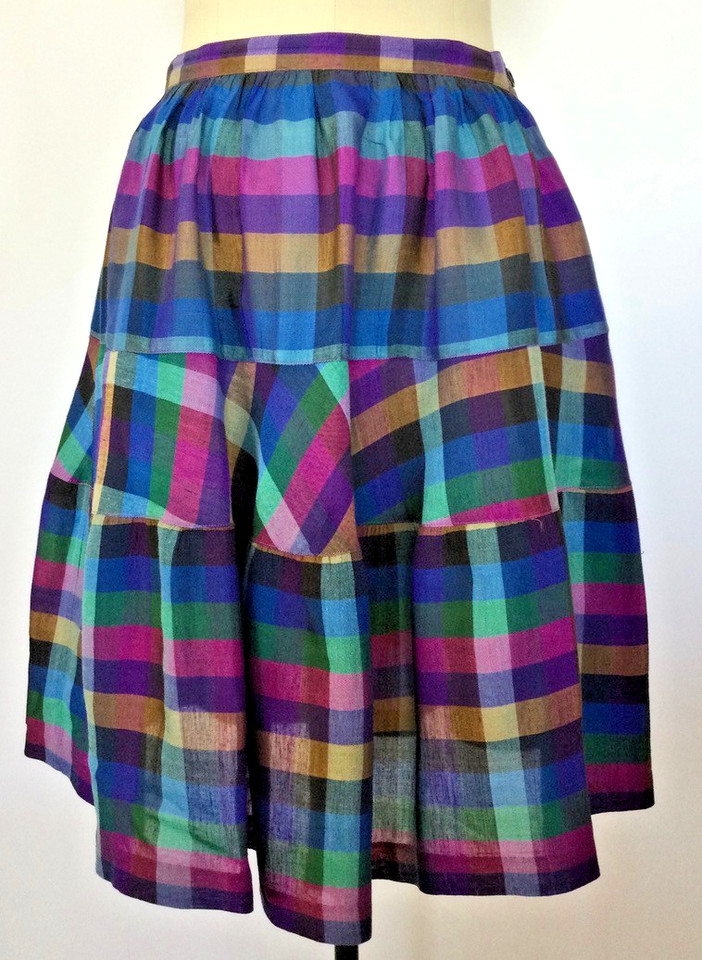 Vintage Early 90s Adini Madras Check Tiered Skirt Cotton Rayon Size 8 AU EXC